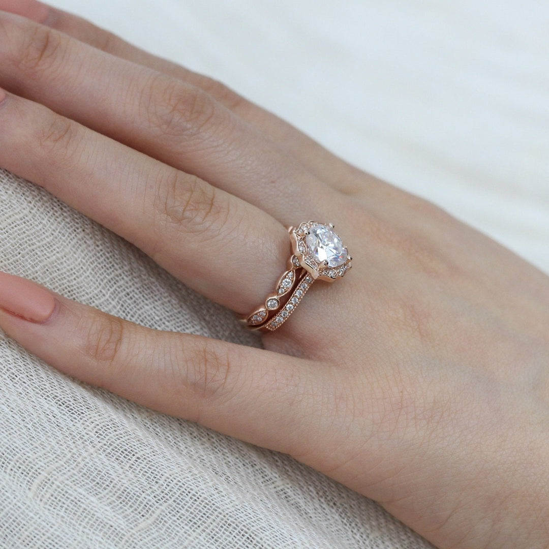 Vintage Floral Cushion Cut Bridal Set With Moissanite Milgrain Band