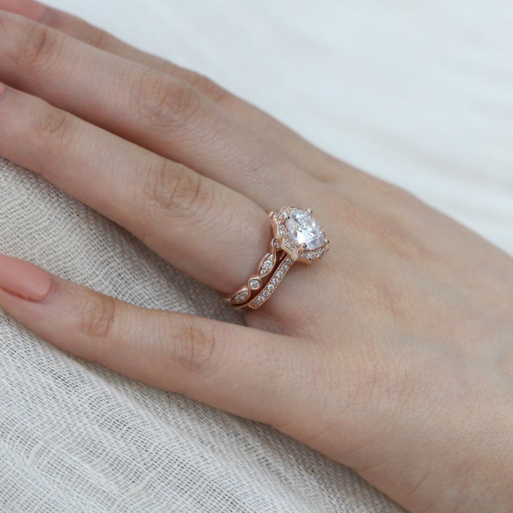 Vintage Floral Cushion Cut Bridal Set With Moissanite Milgrain Band