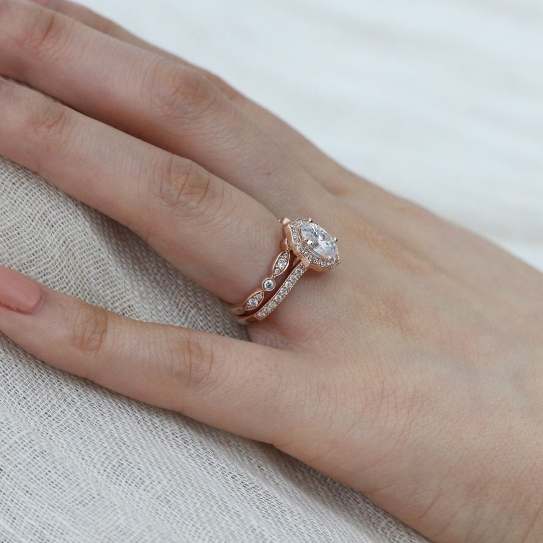 Oval Cut Floral Moissanite Ring With Bezel Diamond Band Ring