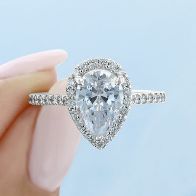 1.93 ct  Pear cut Halo  Moissanite solitaire  Engagement Ring