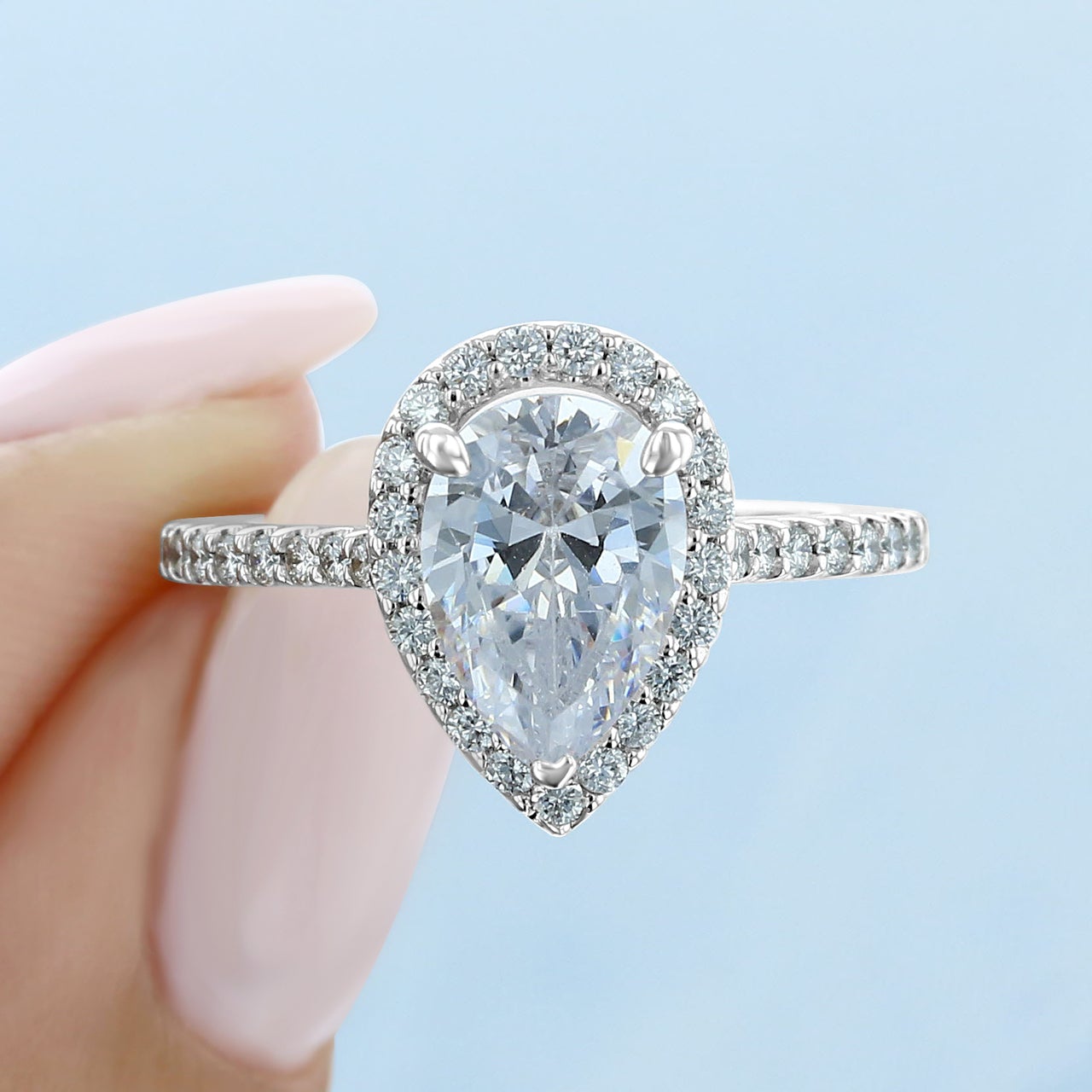 1.93ct Pear Cut Halo Moissanite Solitaire Engagement Ring