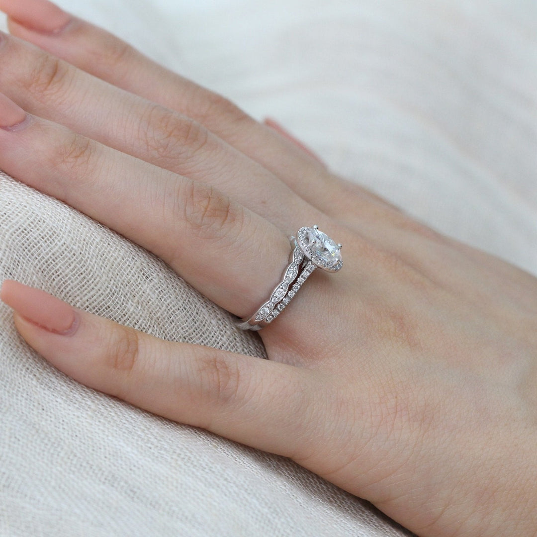Oval Halo Pave Moissanite Ring With Scalloped Diamond Band