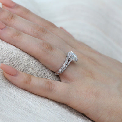 Oval Halo Pave Moissanite Ring With Scalloped Diamond Band