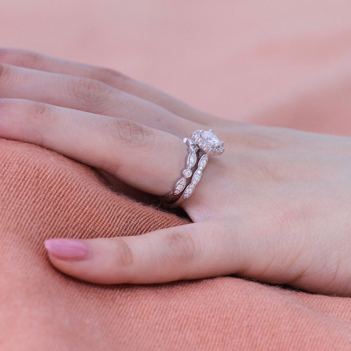 Cushion cut moissanite with halo bridal band set 14k in rose gold