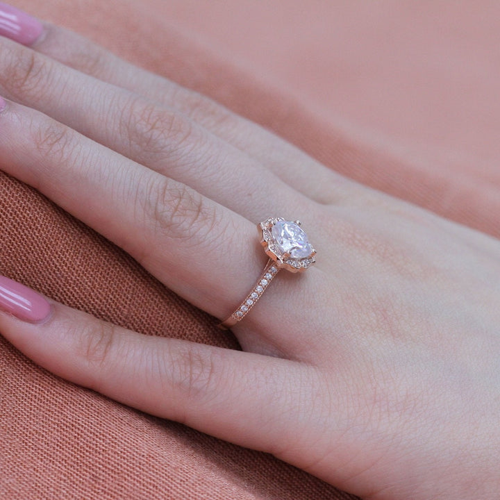 Vintage Floral Inspired Cushion Moissanite Ring With Milgrain Diamond Band
