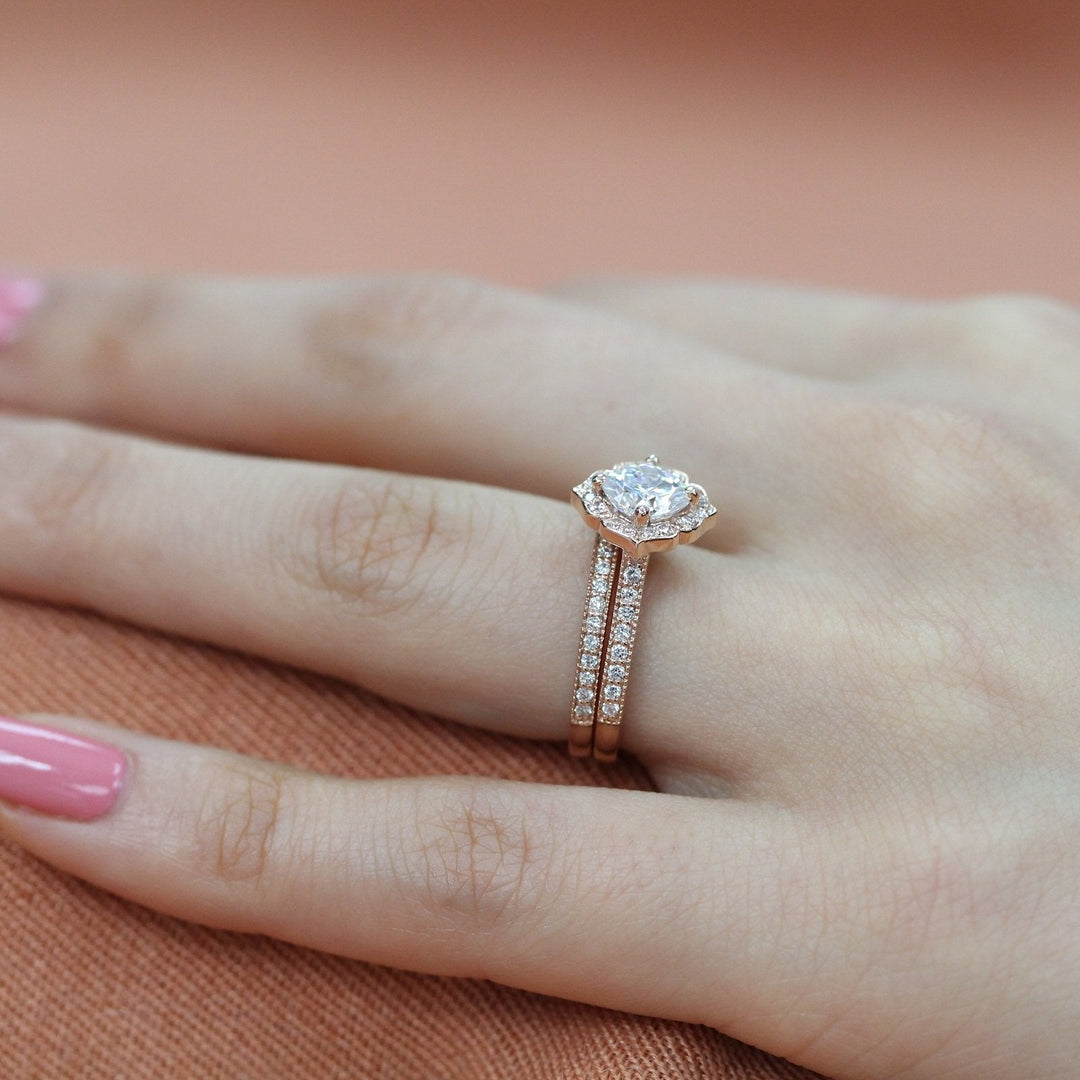 Mini Vintage Floral Inspired Cushion Moissanite Ring With Milgrain Diamond Band
