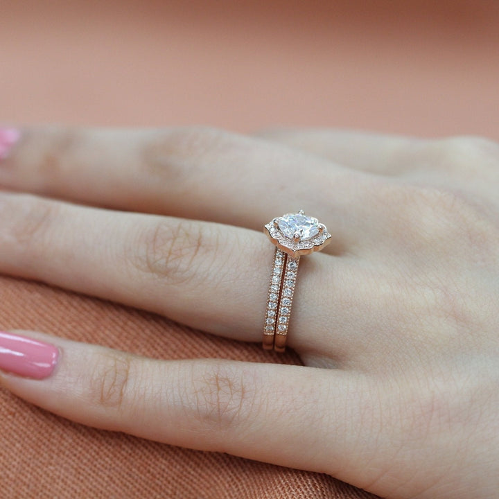 Mini Vintage Floral Inspired Cushion Moissanite Ring With Milgrain Diamond Band