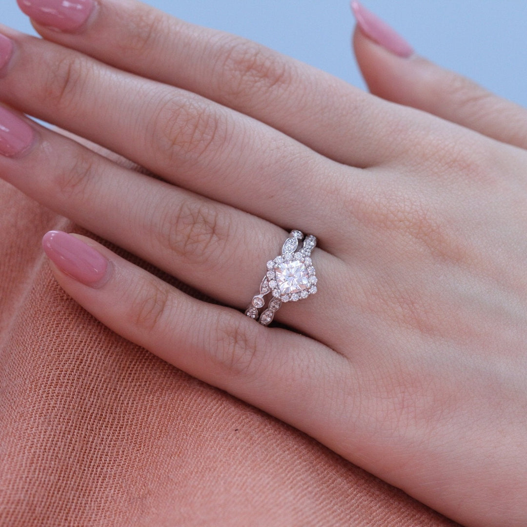 Cushion cut moissanite with halo bridal band set 14k in rose gold