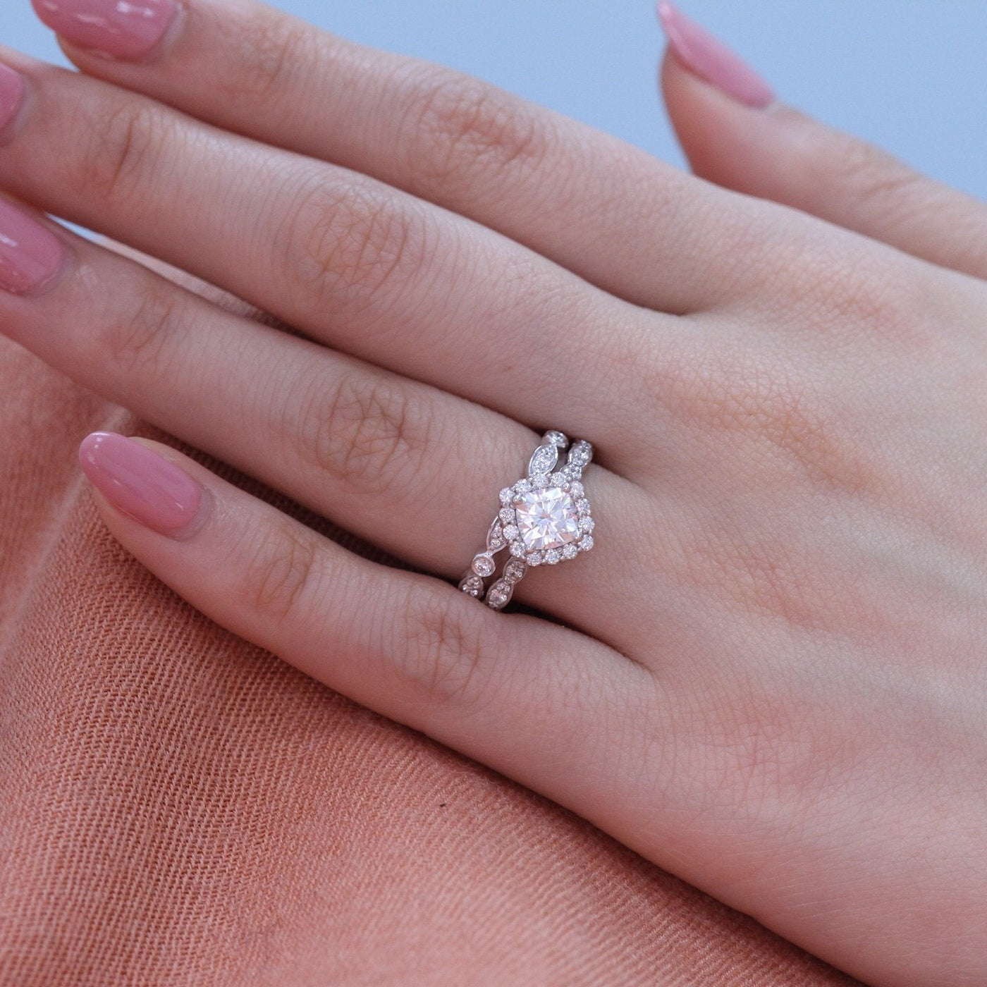 Cushion cut moissanite with halo bridal band set 14k in rose gold