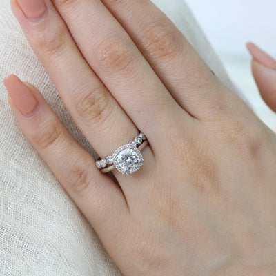 Solitaire Cushion Cut Moissanite Ring With Milgrain Band Ring