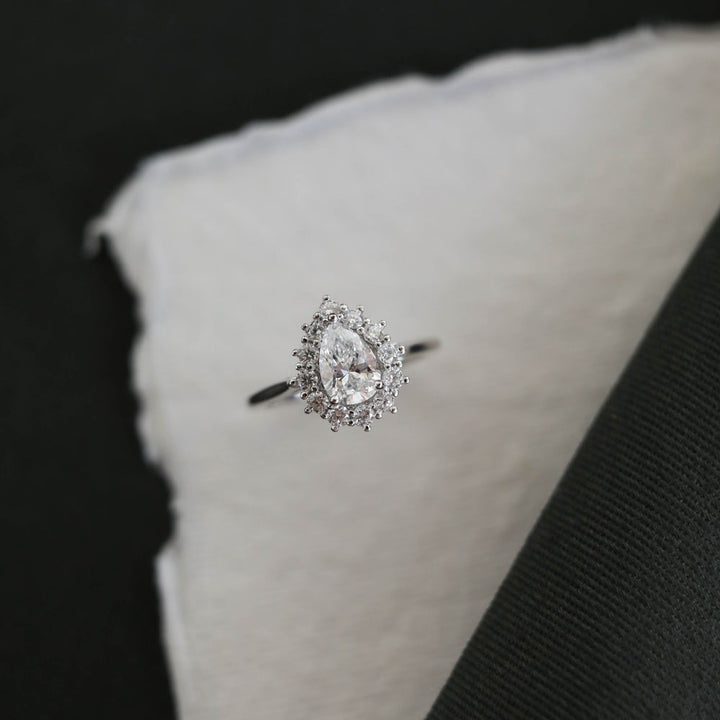 0.75CT Pear Cut Halo Moissanite Diamond Engagement Ring For Women