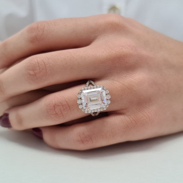 7.2CT Emerald Cut Diamond Halo Moissanite Engagement Ring
