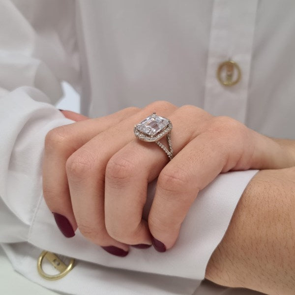 7.2CT Emerald Cut Diamond Halo Moissanite Engagement Ring