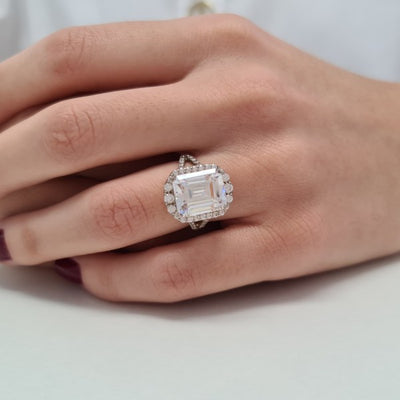 7.2CT Emerald Cut Diamond Halo Moissanite Engagement Ring