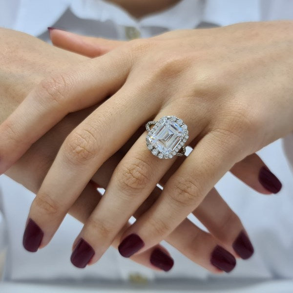 7.2CT Emerald Cut Diamond Halo Moissanite Engagement Ring
