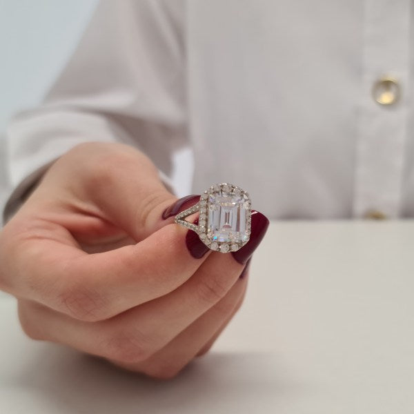 7.2CT Emerald Cut Diamond Halo Moissanite Engagement Ring