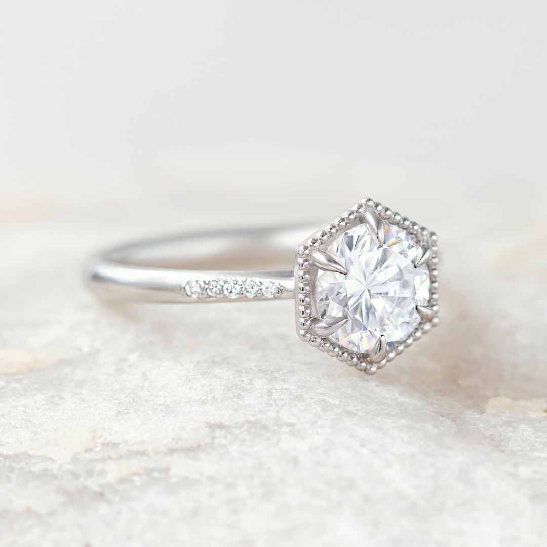 1.20 CT Round Cut Hexagon Halo Moissanite Engagement Ring