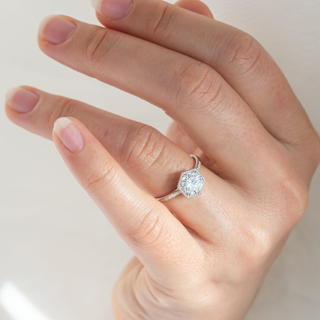 1.20 CT Round Cut Hexagon Halo Moissanite Engagement Ring