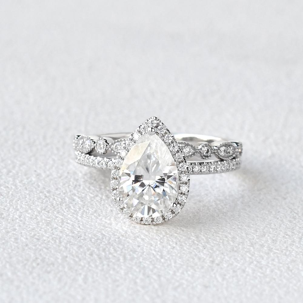 1.80CT Pear Cut Moissanite Halo Engagement Ring with Vintage Style Wedding Band