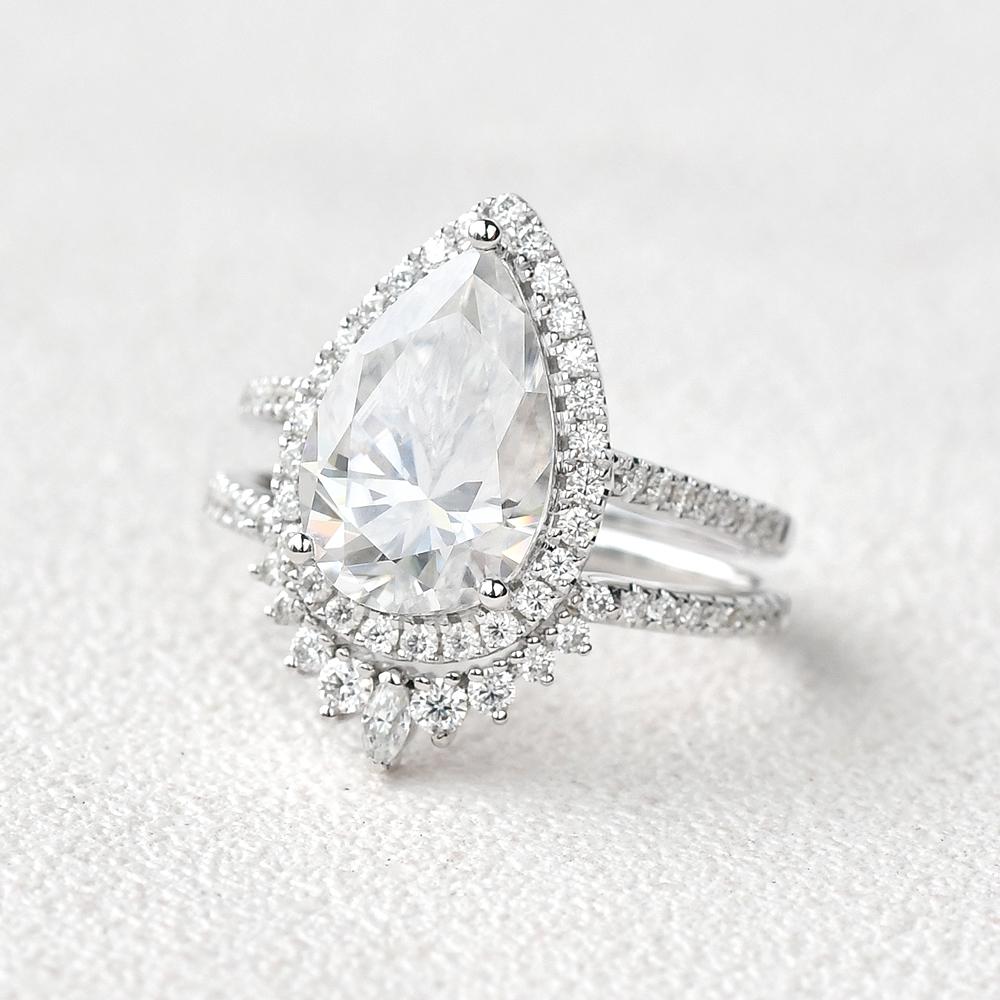 3.44CT Pear Cut Moissanite Halo Engagement Ring with Curved Stacking Band