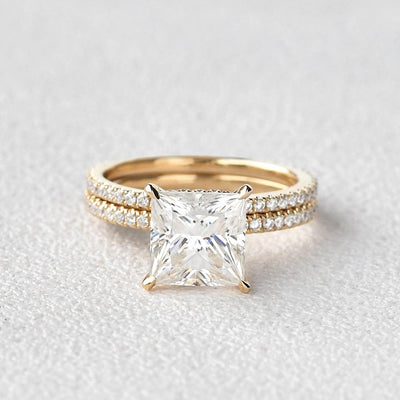 2.0CT Princess Cut Moissanite Hidden Halo Engagement Ring with Full Eternity Wedding Band
