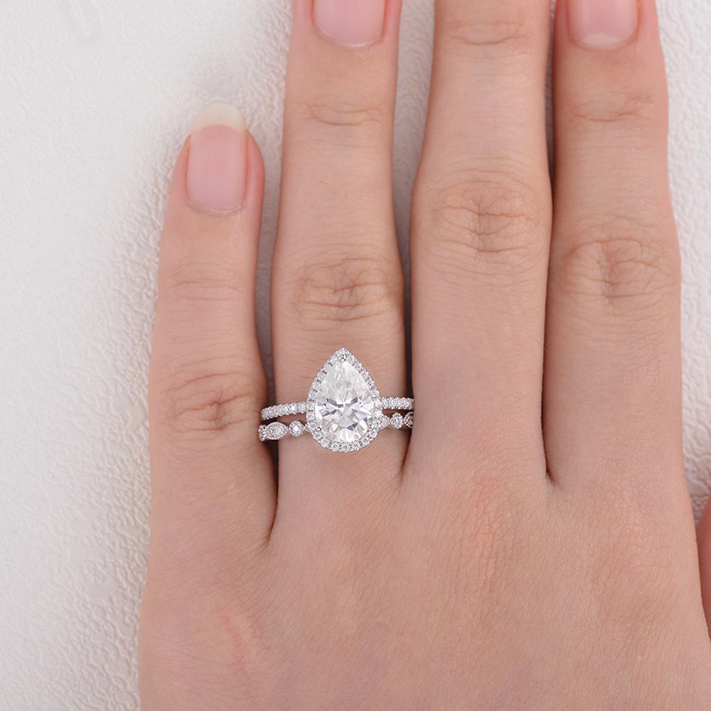 1.80CT Pear Cut Moissanite Halo Engagement Ring with Vintage Style Wedding Band