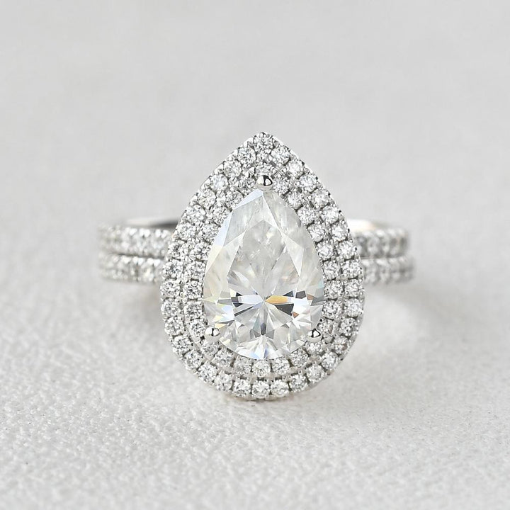 1.86CT Pear Cut Moissanite Double Halo Engagement Ring with Full Eternity Wedding Band