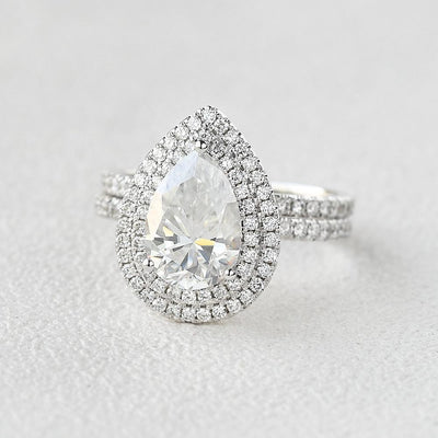 1.86CT Pear Cut Moissanite Double Halo Engagement Ring with Full Eternity Wedding Band