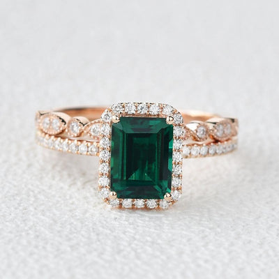 1.91ct Emerald & Moissanite Halo Gold Bridal Ring Set 18K Rose Gold For Her