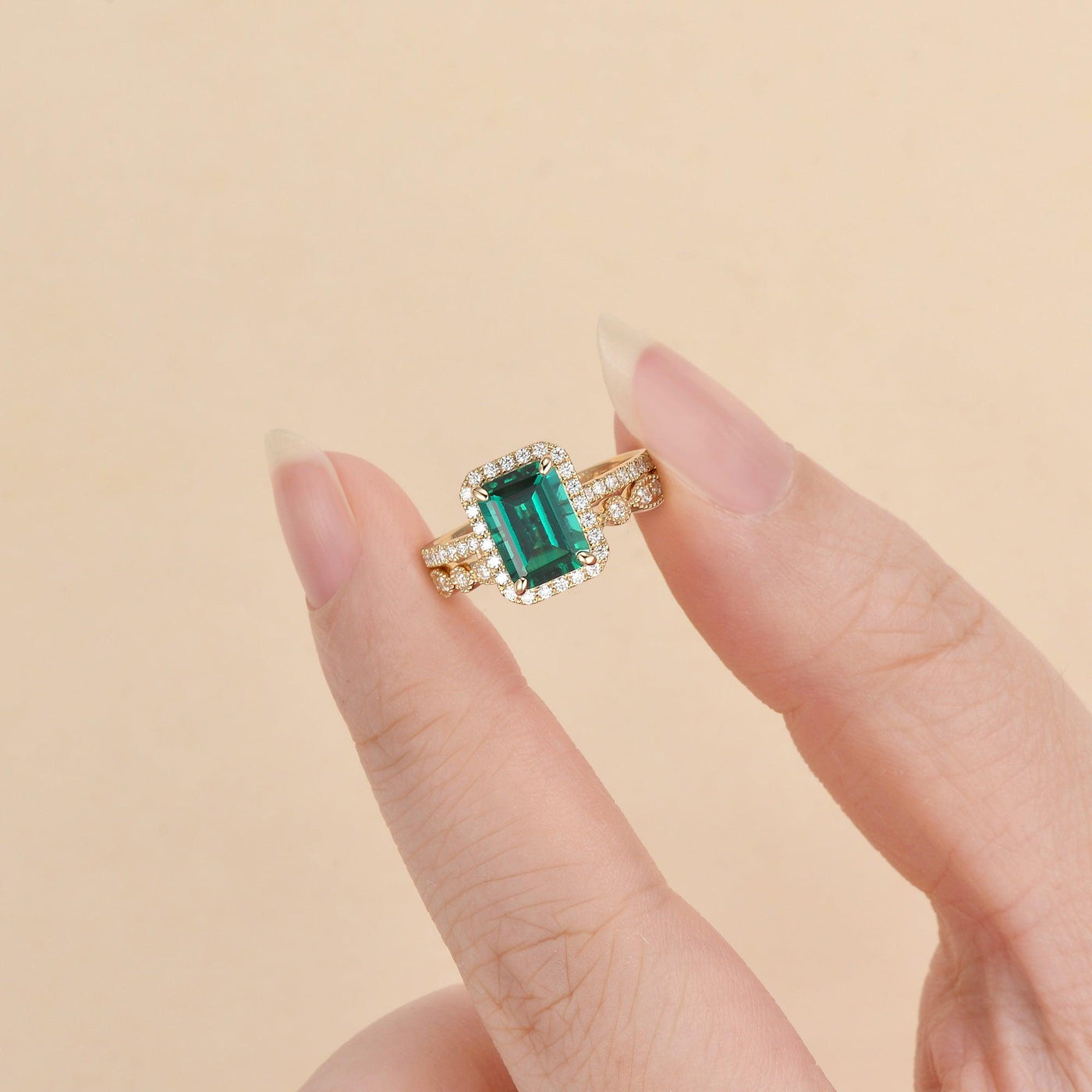 1.91ct Emerald & Moissanite Halo Gold Bridal Ring Set 18K Rose Gold For Her