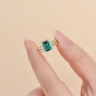 1.91ct Emerald & Moissanite Halo Gold Bridal Ring Set 18K Rose Gold For Her