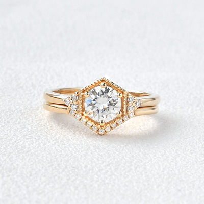 1.0CT Round Brilliant Cut Moissanite Hexagon Shape Bridal Engagement Ring Set