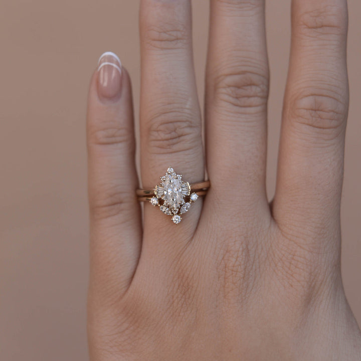 0.75CT Marquise Moissanite Cluster Diamond Wedding Ring Set
