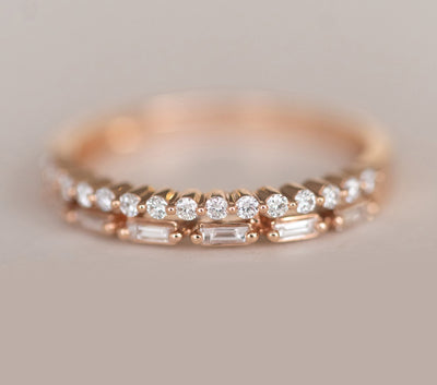 0.38ct Round And Baguette Cut Moissanite Diamond Stackable Wedding Band