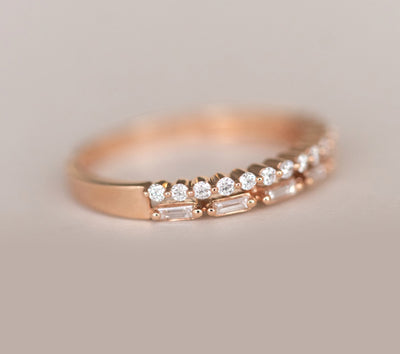 0.38ct Round And Baguette Cut Moissanite Diamond Stackable Wedding Band