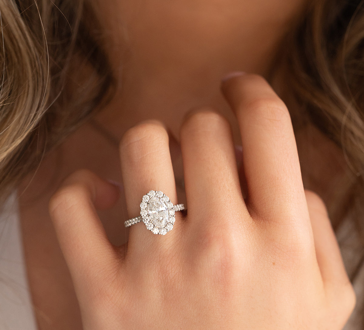 1.52ct Oval Cut Moissanite Halo Pave Diamond Engagement Ring