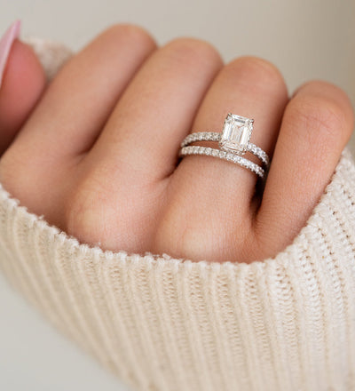 1.51ct Emerald Cut Moissanite Diamond Hidden Halo Engagement Ring