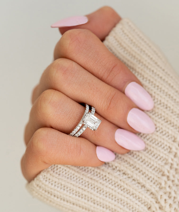 1.51ct Emerald Cut Moissanite Diamond Hidden Halo Engagement Ring