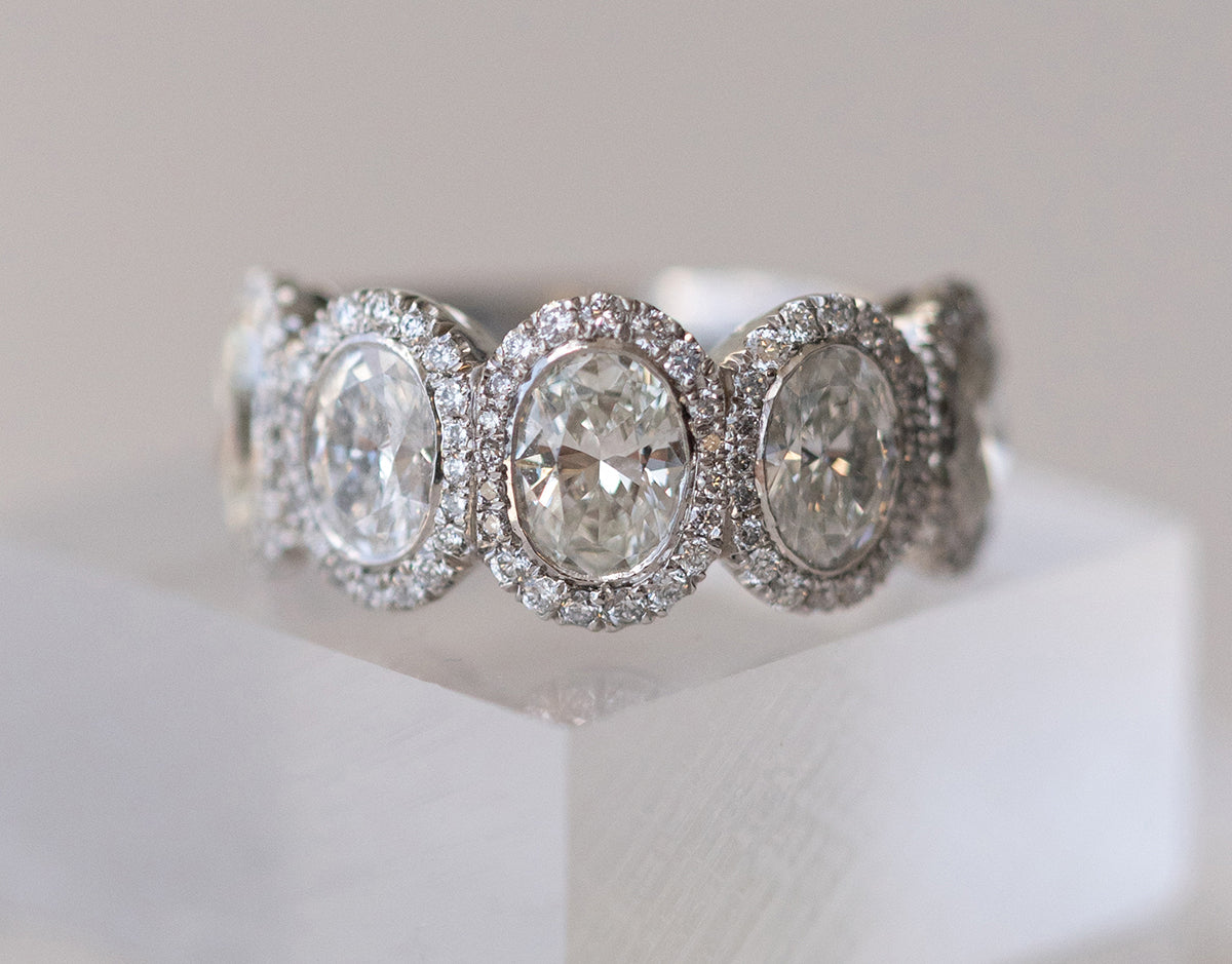 3.11ct Oval Cut Halo 5 Stone Unique Moissanite Wedding Band