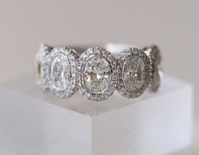 3.11ct Oval Cut Halo 5 Stone Unique Moissanite Wedding Band