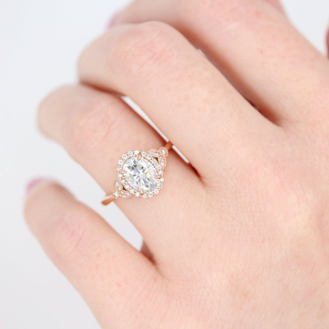 1.0ct Oval Cut Halo Moissanite Diamond Engagement Ring