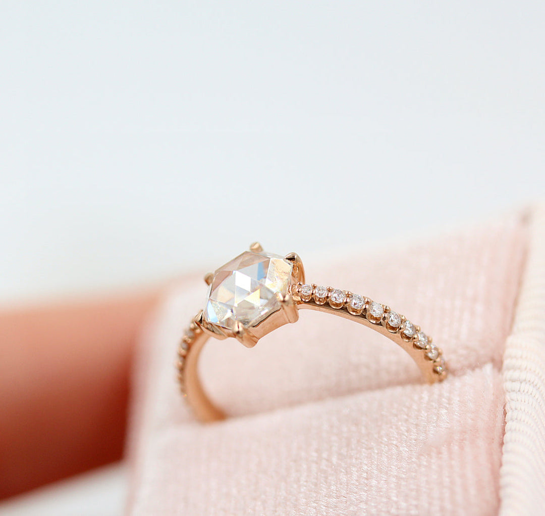 1ct Hexagon Cut Pave Moissanite Diamond Engagement Ring