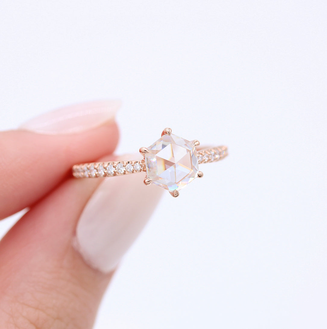 1ct Hexagon Cut Pave Moissanite Diamond Engagement Ring