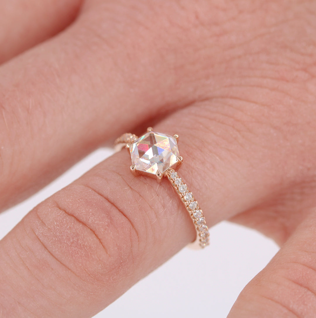 1ct Hexagon Cut Pave Moissanite Diamond Engagement Ring