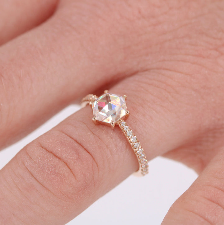 1ct Hexagon Cut Pave Moissanite Diamond Engagement Ring
