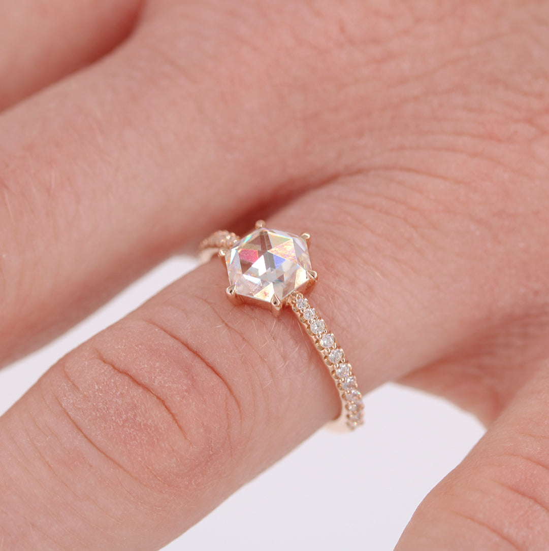 1ct Hexagon Cut Pave Moissanite Diamond Engagement Ring