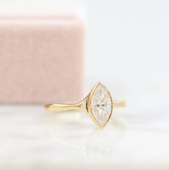 1.0ct Marquise Cut Bezel Solitaire Moissanite Diamond Engagement Ring