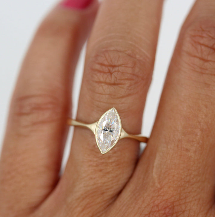 1.0ct Marquise Cut Bezel Solitaire Moissanite Diamond Engagement Ring