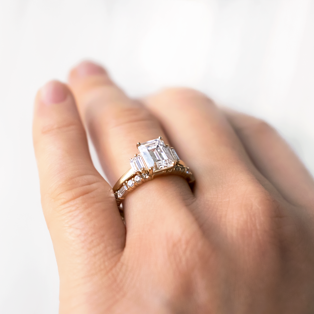 1.60CT Emerald Cut Moissanite 3 Stone Engagement Ring