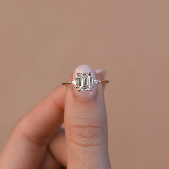 1.10CT Emerald Cut Three Stone Moissanite Diamond Engagement Ring